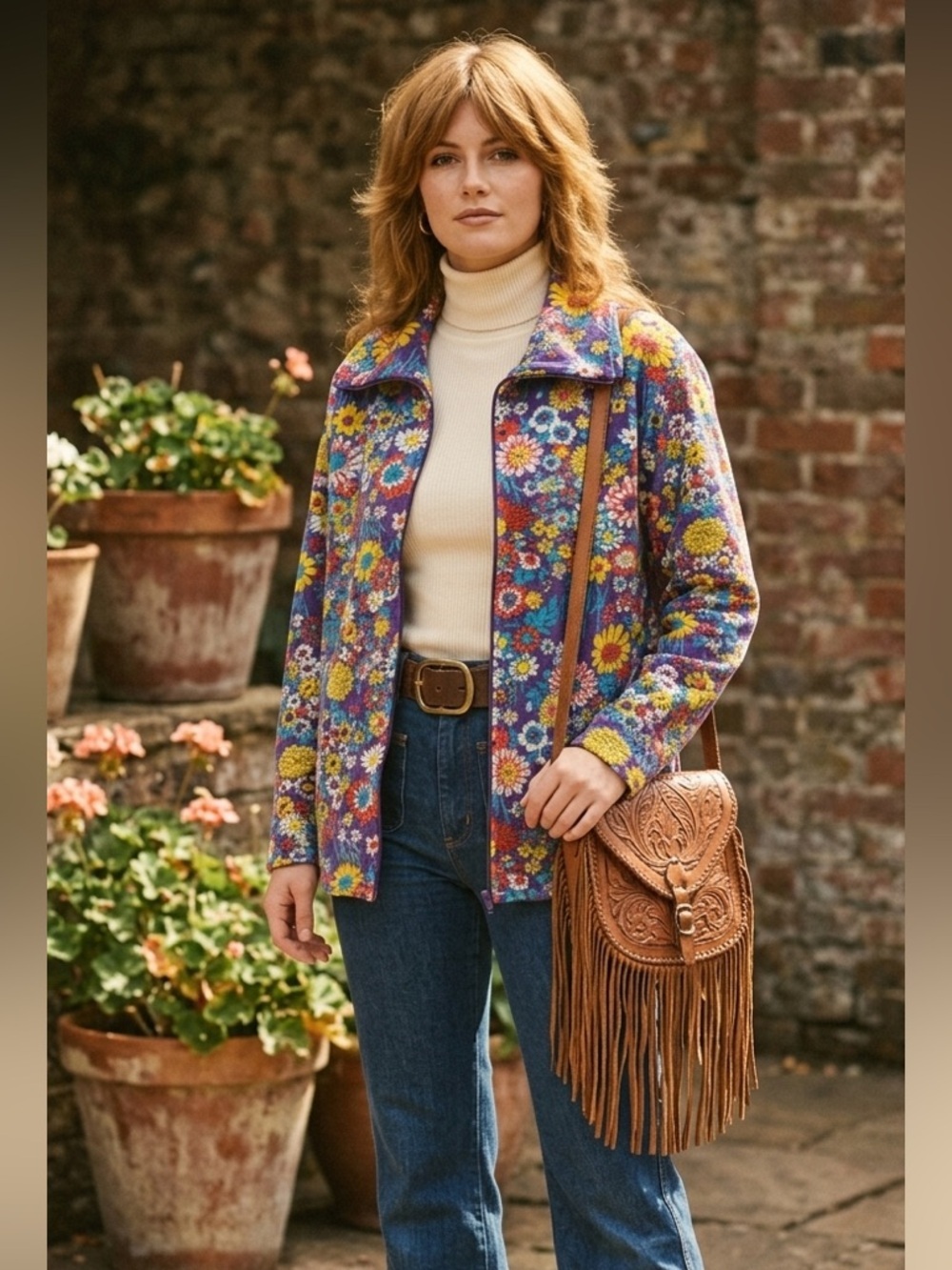 Vintage 70s Retro Floral Size Large Pullover Quarter Zip Deadstock Hippie Disco